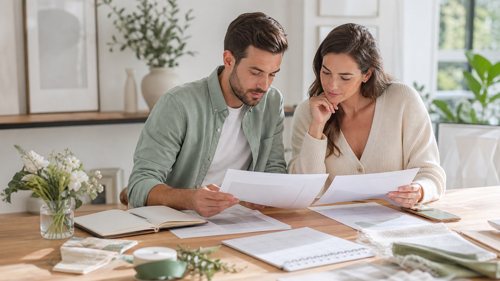 Couple comparant les contrats de plusieurs prestataires de mariage