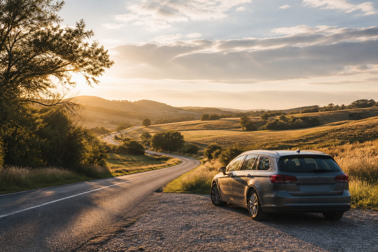 Voiture stationnée au bord d’une route de campagne française avant un road trip