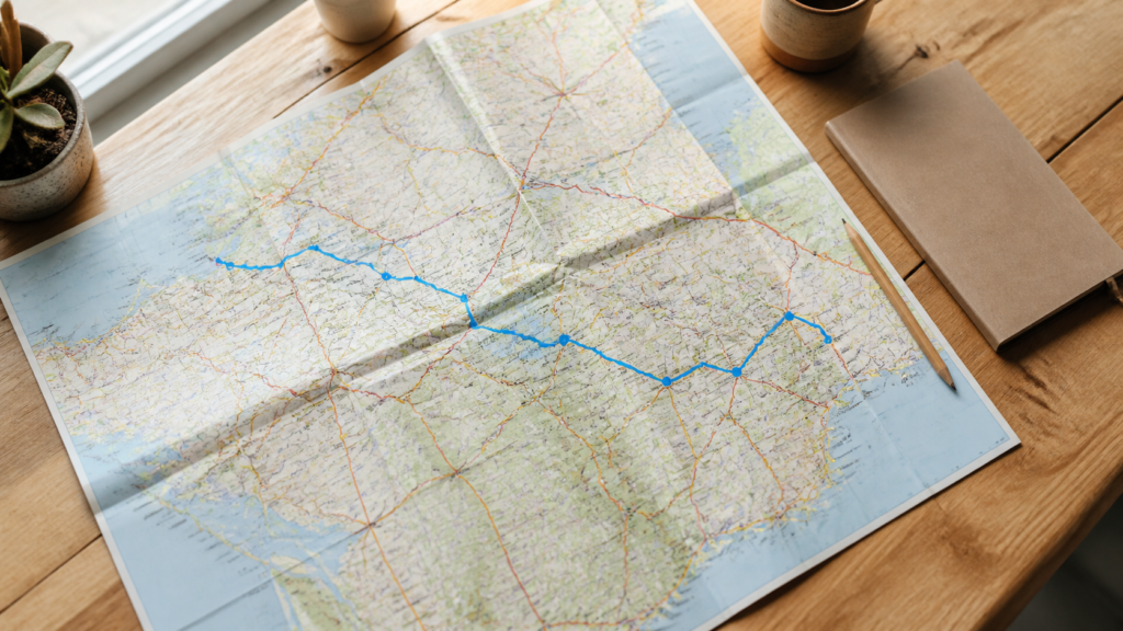Carte routière papier avec un itinéraire dessiné pour préparer un road trip
