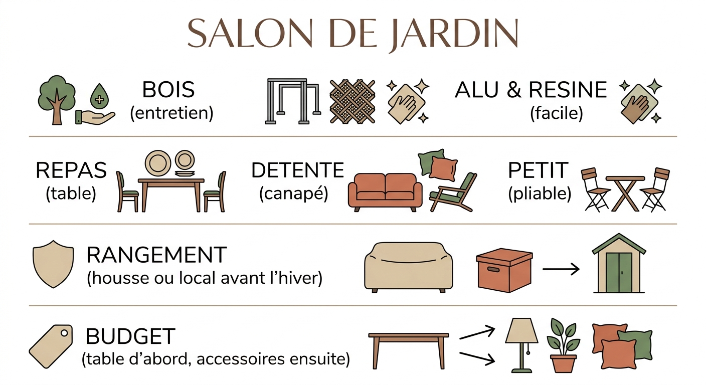 Infographie pour bien choisir son salon de jardin : matériaux, usage, rangement et budget