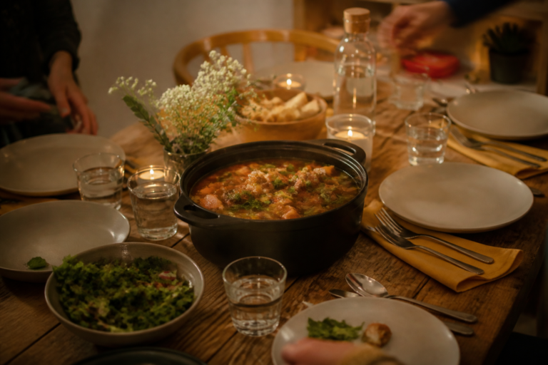 Table conviviale préparée à la maison pour une soirée entre amis, avec un plat partagé et une lumière douce