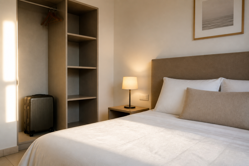 Chambre de voyage avec couchage, rangement, prise accessible et espace pour une valise