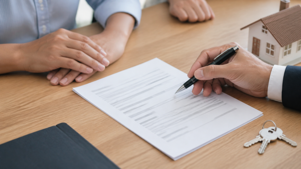 Document d'acte de vente immobilier prêt à être signé, stylo en main