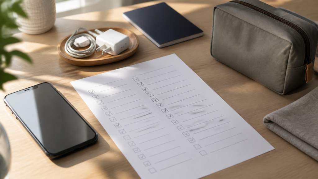 Checklist de voyage imprimée posée sur une table avec un téléphone, un chargeur et un passeport