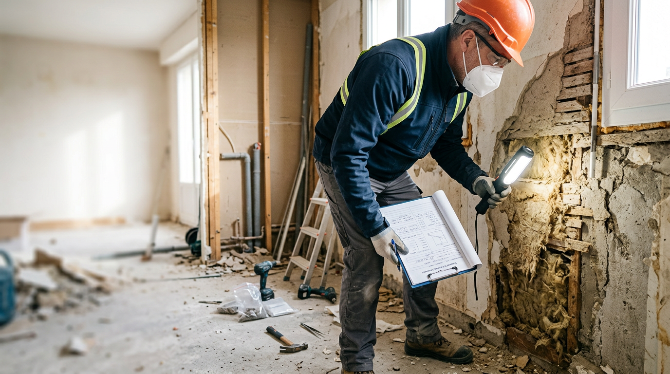 Artisan équipé inspectant une paroi ancienne avant des travaux de rénovation