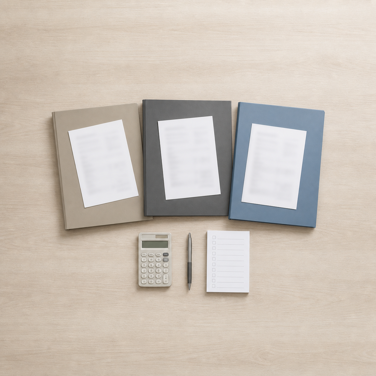 Trois chemises classées avec calculatrice, stylo et checklist pour préparer un dossier de financement immobilier.