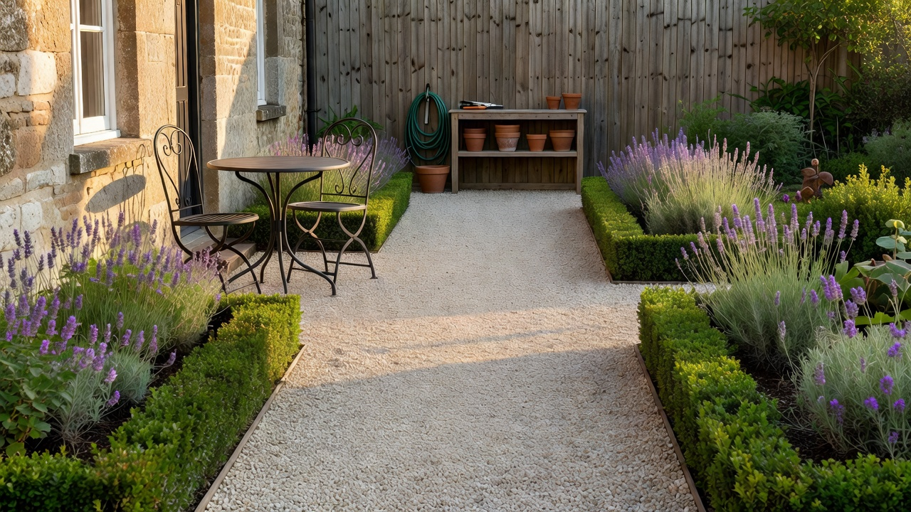Petit jardin organisé avec chemin dégagé, coin repas proche de la maison et plantations basses