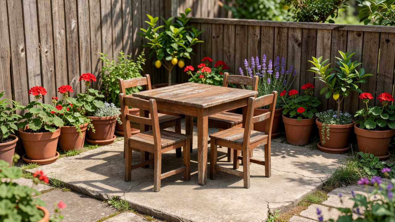 Petit jardin familial avec table d'extérieur et plantations en pots le long d'une clôture