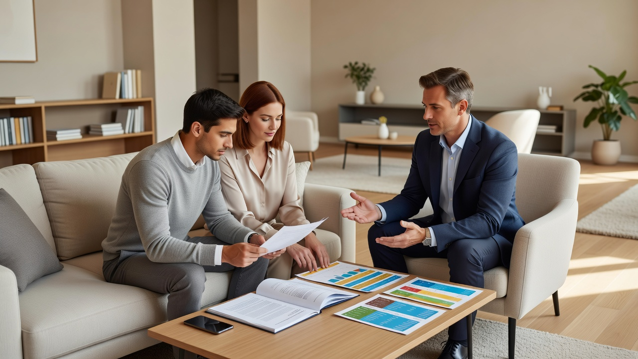 Un couple examine avec un conseiller des fiches comparatives d’assurance emprunteur disposées sur une table basse dans un salon lumineux