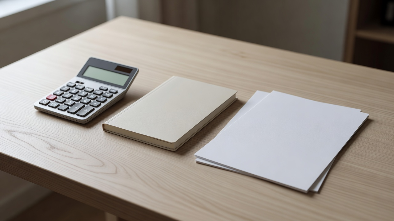 Calculatrice, carnet fermé et feuilles blanches posés sur un bureau pour estimer un budget d'emprunt