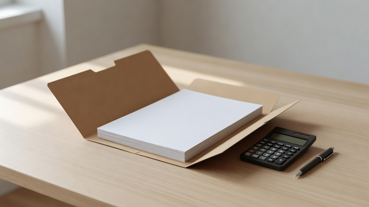 Dossier de financement ouvert avec feuilles blanches, calculatrice et stylo sur une table en bois