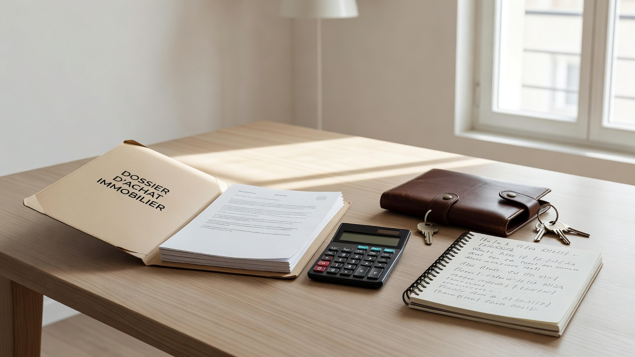 Table d'étude avec dossier d'achat immobilier, calculatrice, carnet annoté et clés