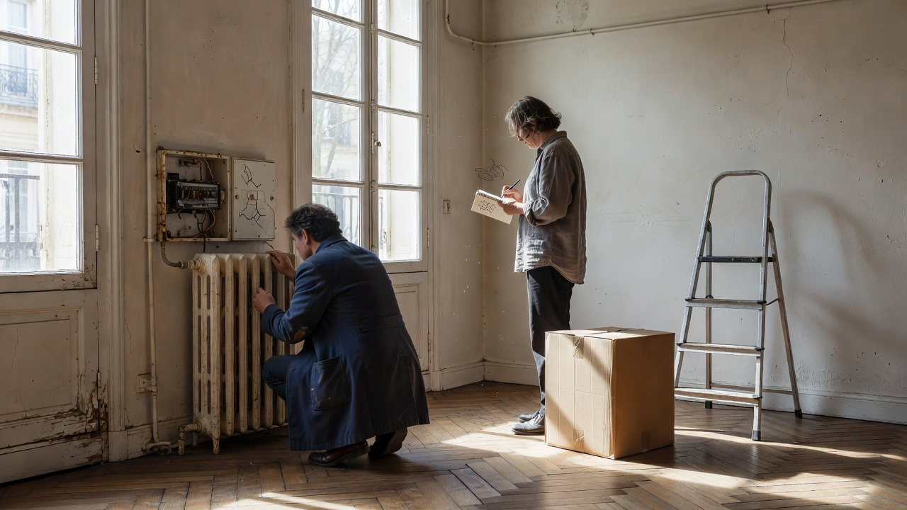 Visite d'un appartement ancien avec notes prises sur les travaux à prévoir