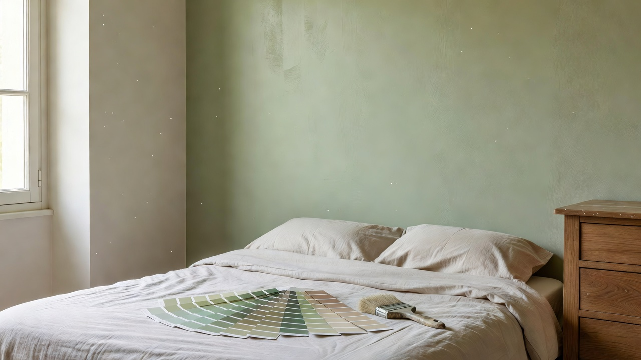 Nuancier de couleurs posé sur le lit d'une chambre adulte en cours de repeinture
