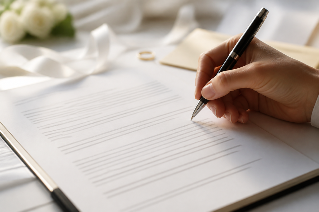 Main annotant une grille de comparaison de devis de mariage, critères cochés