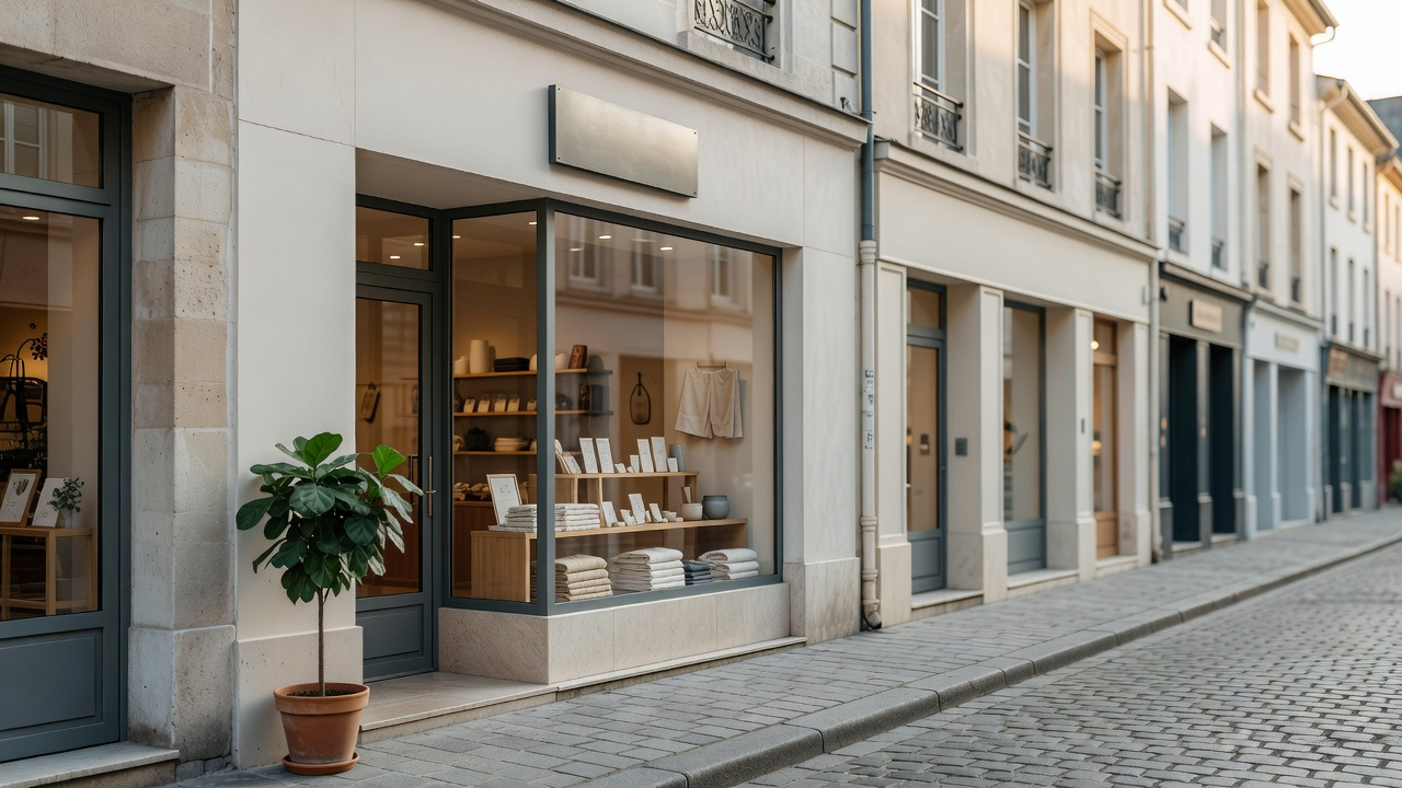 Vitrine soignée d'un petit commerce indépendant dans une rue commerçante, lumière naturelle du matin