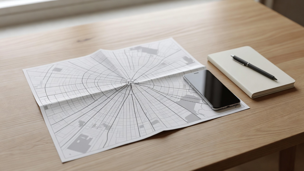 Carte de ville en papier, téléphone et carnet posés sur une table en bois, pour définir sa zone d'intervention