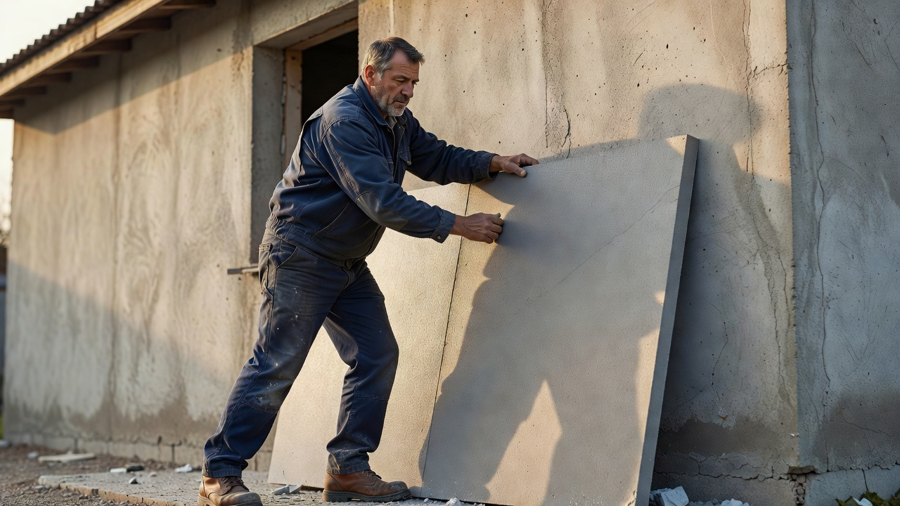 Artisan posant un isolant sur la façade d'une maison en rénovation