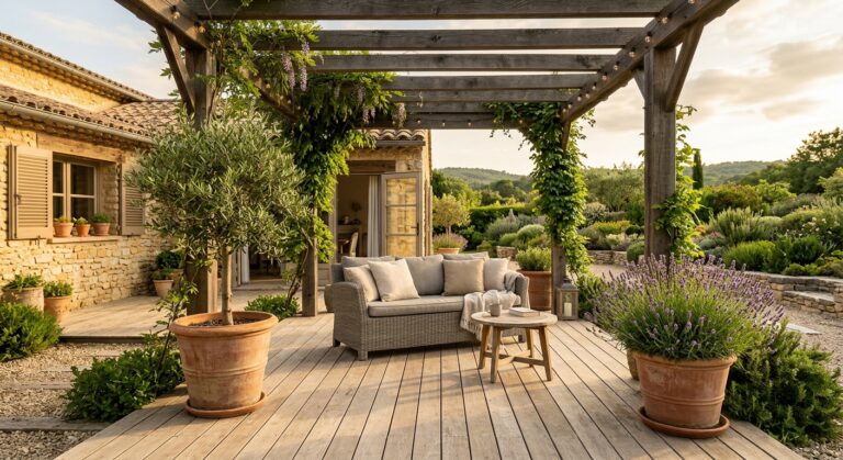 Terrasse extérieure aménagée avec dalle en bois, mobilier simple et plantes en pots