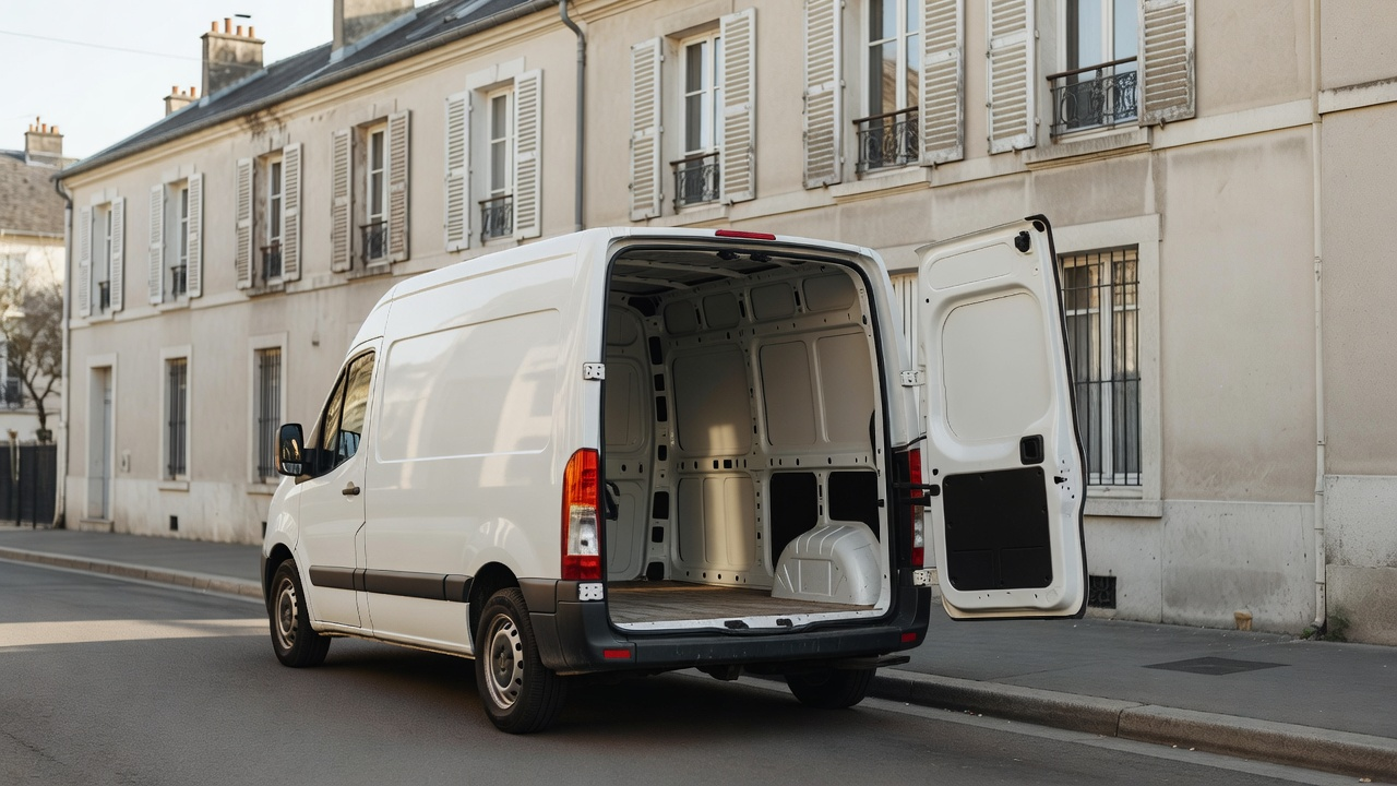 Utilitaire de déménagement stationné, hayon ouvert et cartons prêts à charger