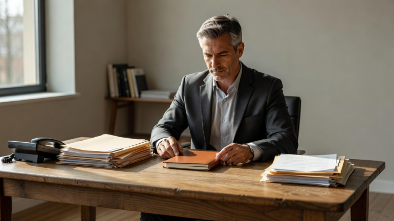 Bureau avec un carnet de priorités et un ordinateur, pour trier les actions de la semaine.