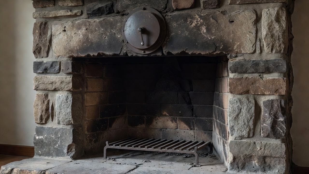 Foyer à bois froid, grille vide, clapet visible au-dessus de l'ouverture.
