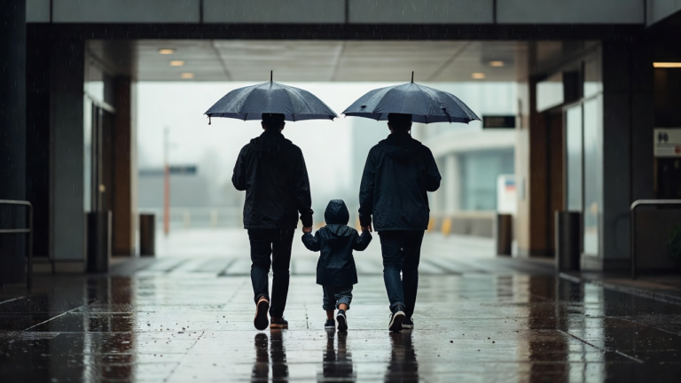 Famille sous la pluie entrant dans un lieu couvert pour une sortie